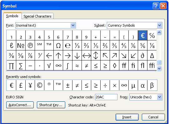 microsoft word symbols list online