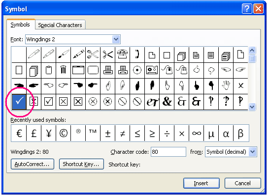 shortcut keys for symbols in word 2010
